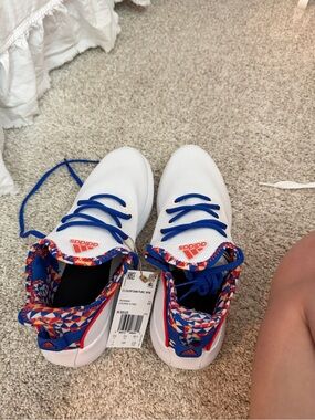 adidas Kids White Sneakers with Blue Laces and Red Accent